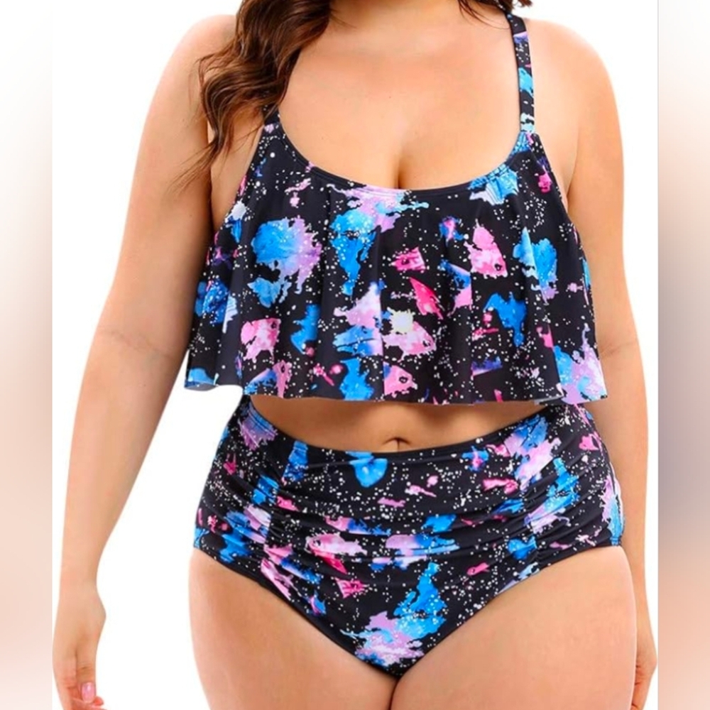Two Piece High Waisted Flutter Top Swimsuit